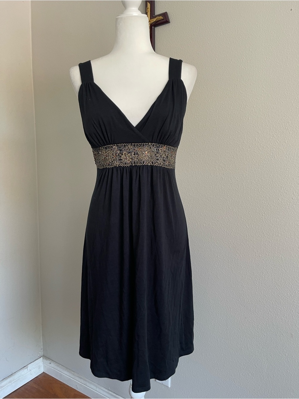 Body Central Black Midi Dress with Metallic Embellished Waist